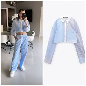 Zara Striped Blue and White Cropped Shirt size small